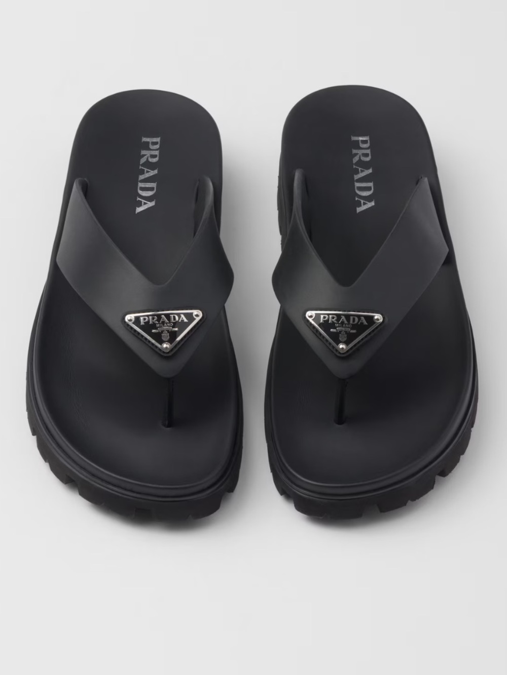 Prada Black Rubber Logo Triangle Thong Sandals
